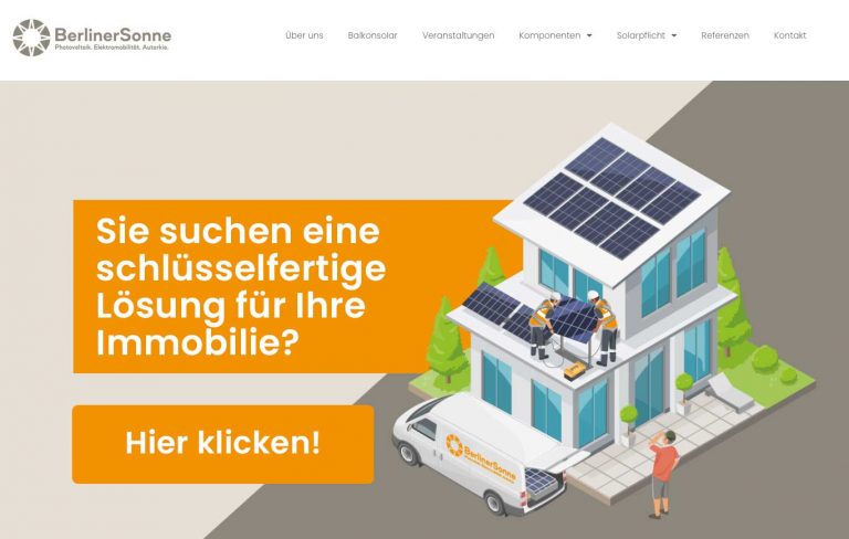 Screenshot der Berliner Sonne Webseite: Man sieht eine Illustration eines Einfamilienhauses auf dem eine Solaranlage installiert wird.